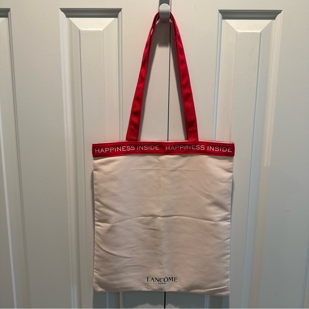 Lancôme Happiness Inside Cream Canvas Tote Bag with Red Shoulder Strap Handles